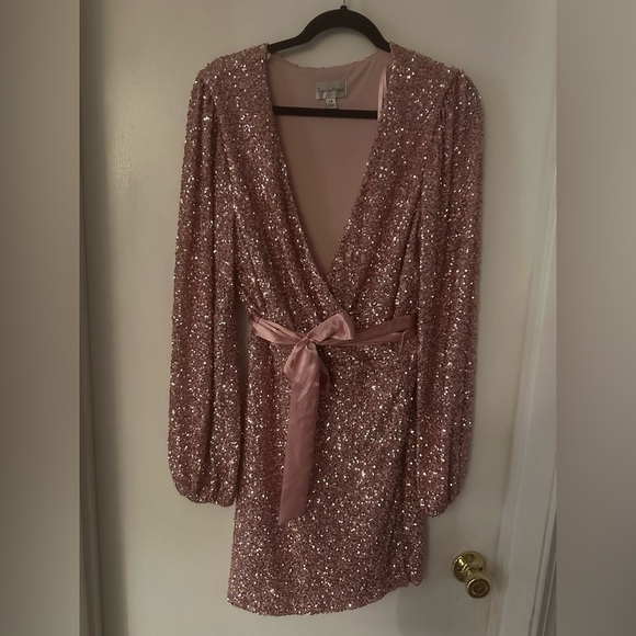 Premier Amour Dresses & Skirts - Sparkling Rose Pink Sequin Wrap Long-Sleeve Dress with Satin Tie